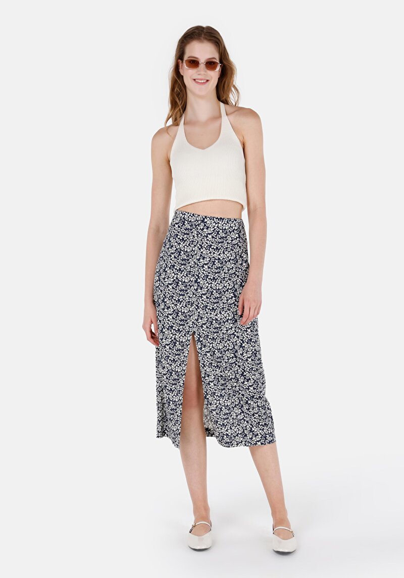 Midi Skirt Çiçekli Fermuarlı Kadın Lacivert Etek