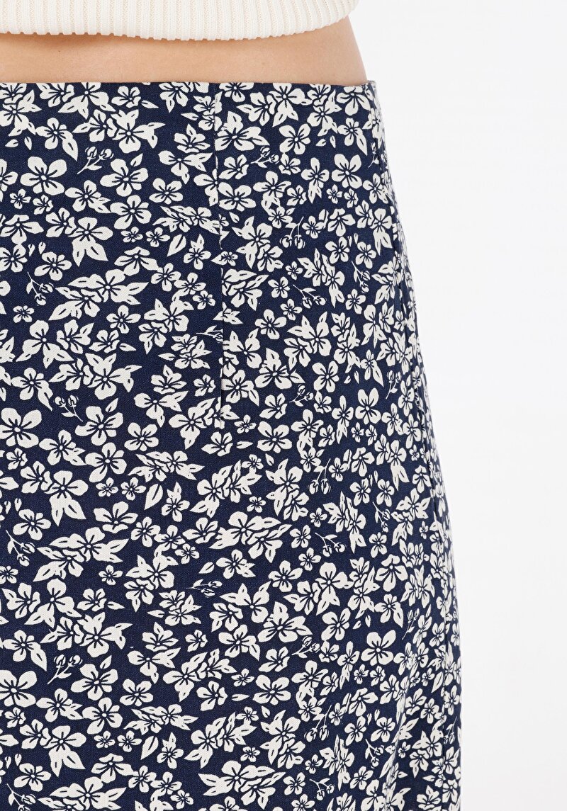 Midi Skirt Çiçekli Fermuarlı Kadın Lacivert Etek