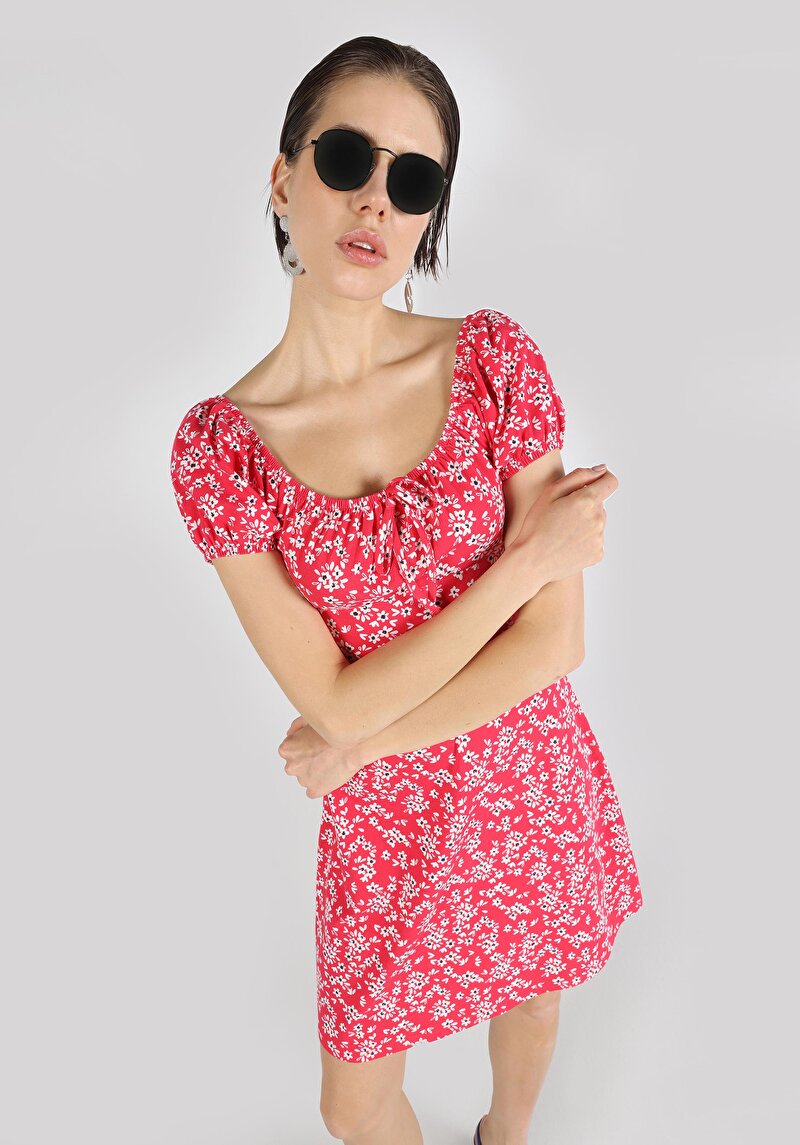 Regular Fit Örme Çiçekli Kadın Çok Renkli Kısa Kol Elbise