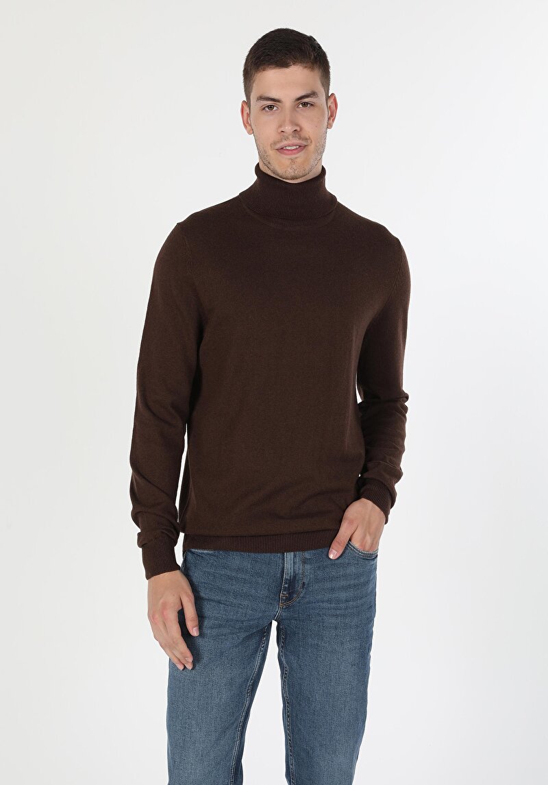 Slim Fit Balıkçı Yaka Jakarlı Erkek Camel Triko Kazak