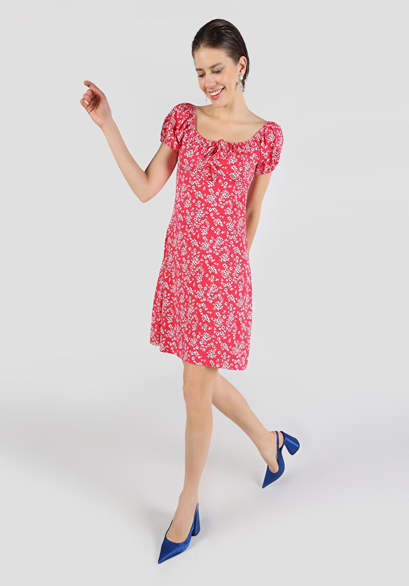 Regular Fit Örme Çiçekli Kadın Çok Renkli Kısa Kol Elbise