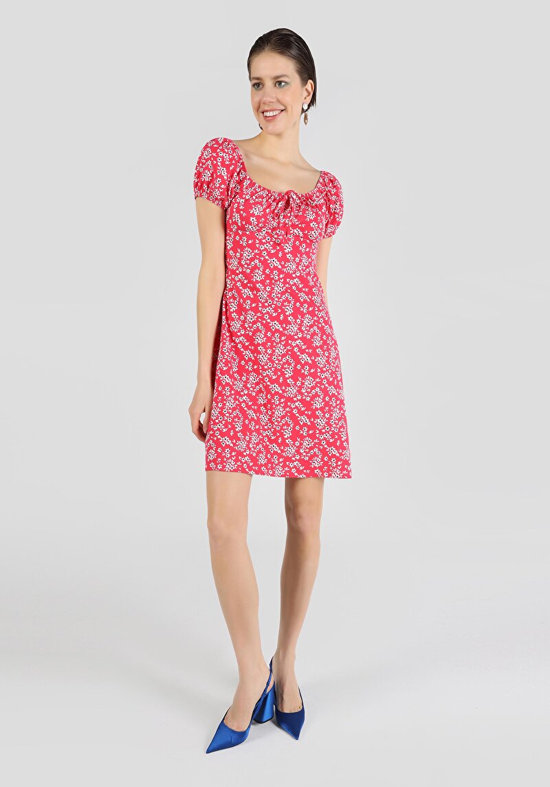 Regular Fit Örme Çiçekli Kadın Çok Renkli Kısa Kol Elbise