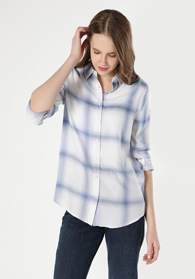 Regular Fit Shirt Neck Ekoseli Kadın Mavi Uzun Kol Gömlek
