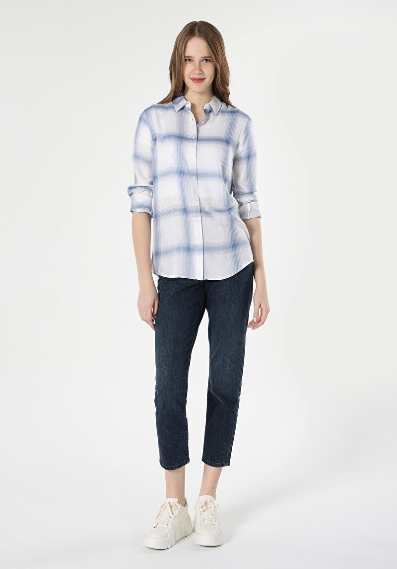 Regular Fit Shirt Neck Ekoseli Kadın Mavi Uzun Kol Gömlek