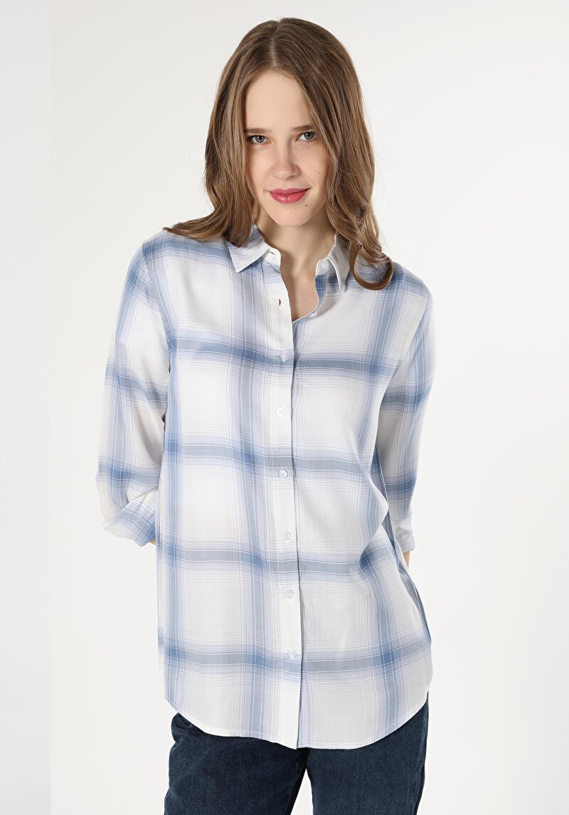 Regular Fit Shirt Neck Ekoseli Kadın Mavi Uzun Kol Gömlek