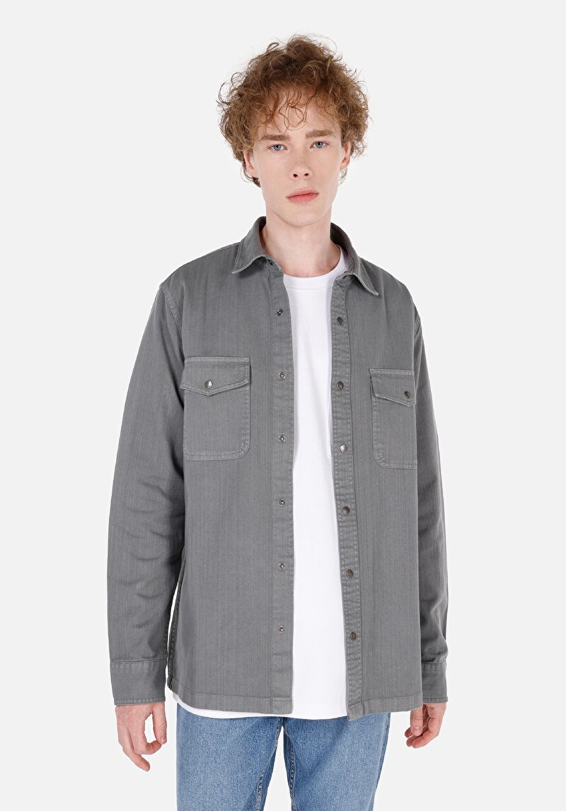 Comfort Fit Shirt Neck Düz Erkek Gri Uzun Kol Gömlek