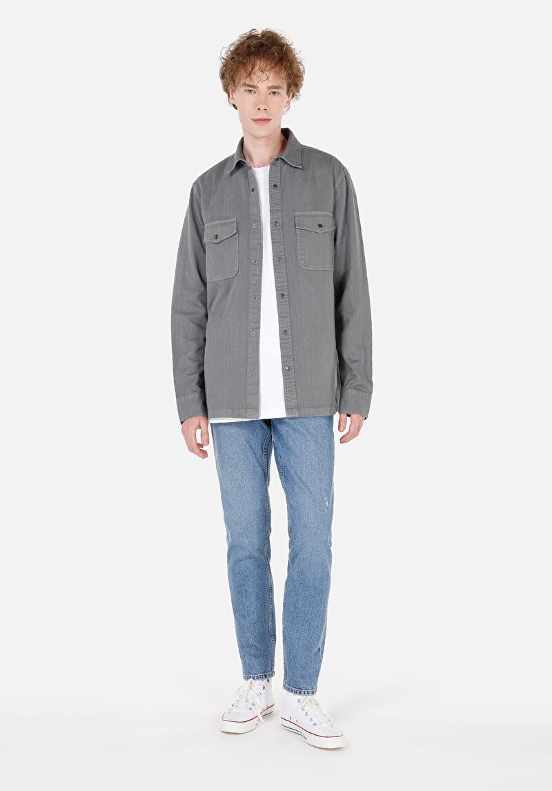 Comfort Fit Shirt Neck Düz Erkek Gri Uzun Kol Gömlek