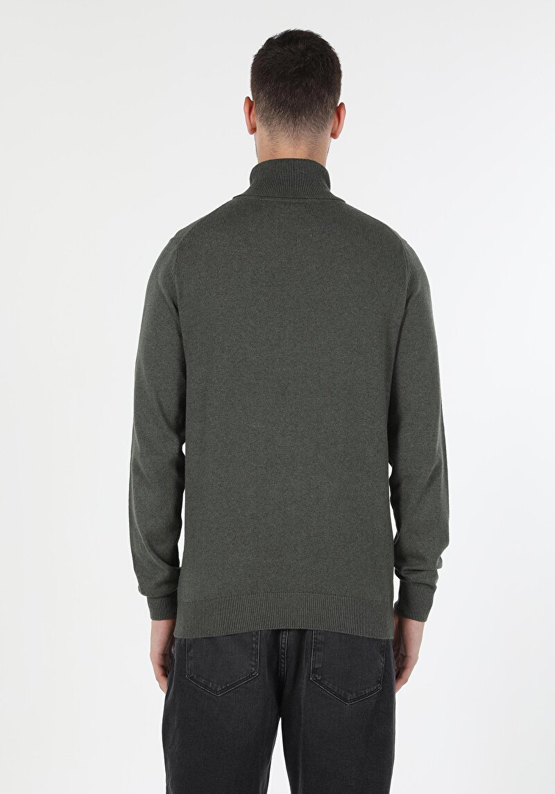 Slim Fit Balıkçı Yaka Jakarlı Erkek Yeşil Kazak