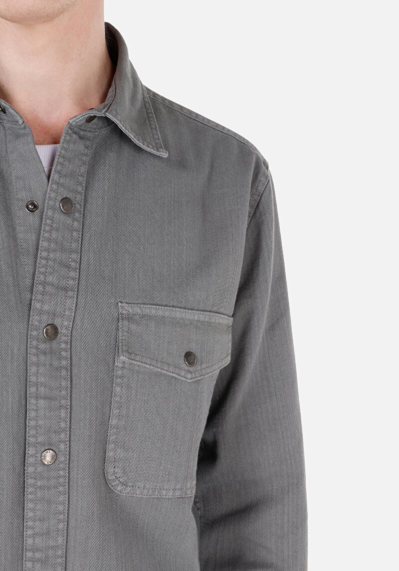 Comfort Fit Shirt Neck Düz Erkek Gri Uzun Kol Gömlek