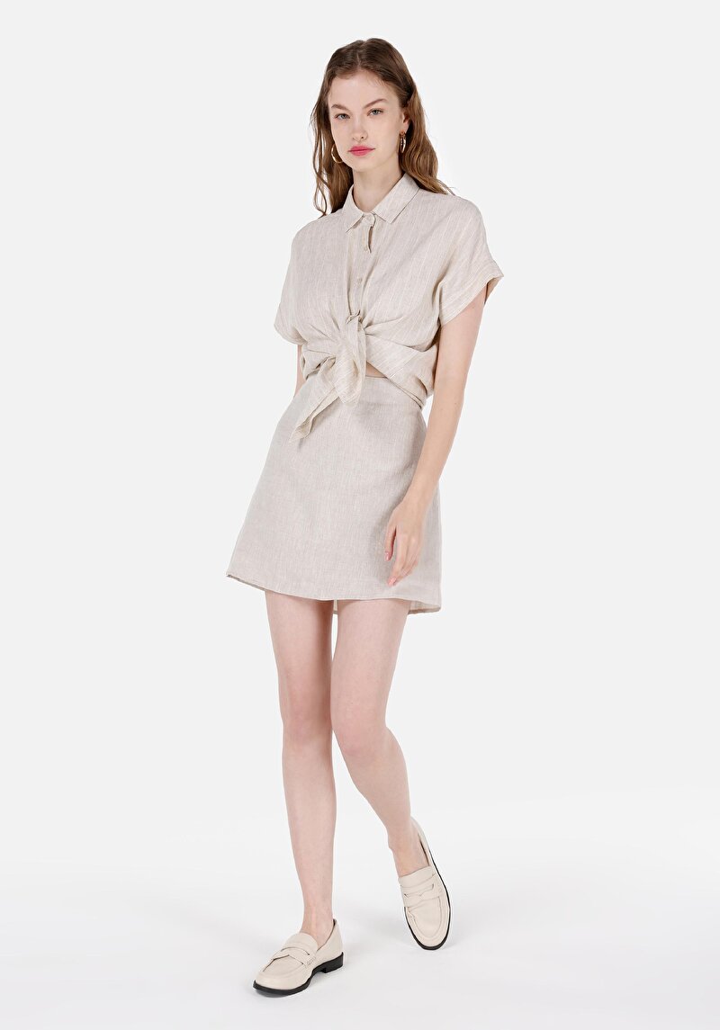 Mini Skirt Düz Fermuarlı Kadın Bej Etek