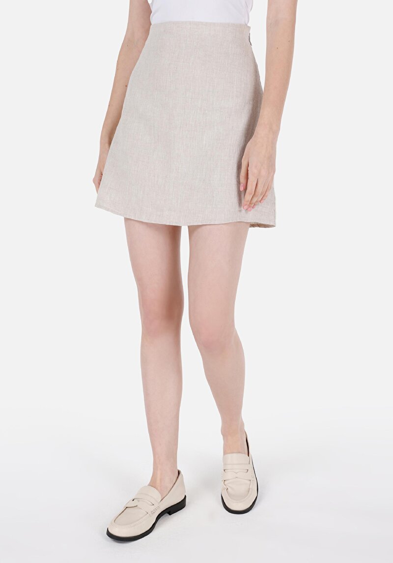 Mini Skirt Düz Fermuarlı Kadın Bej Etek