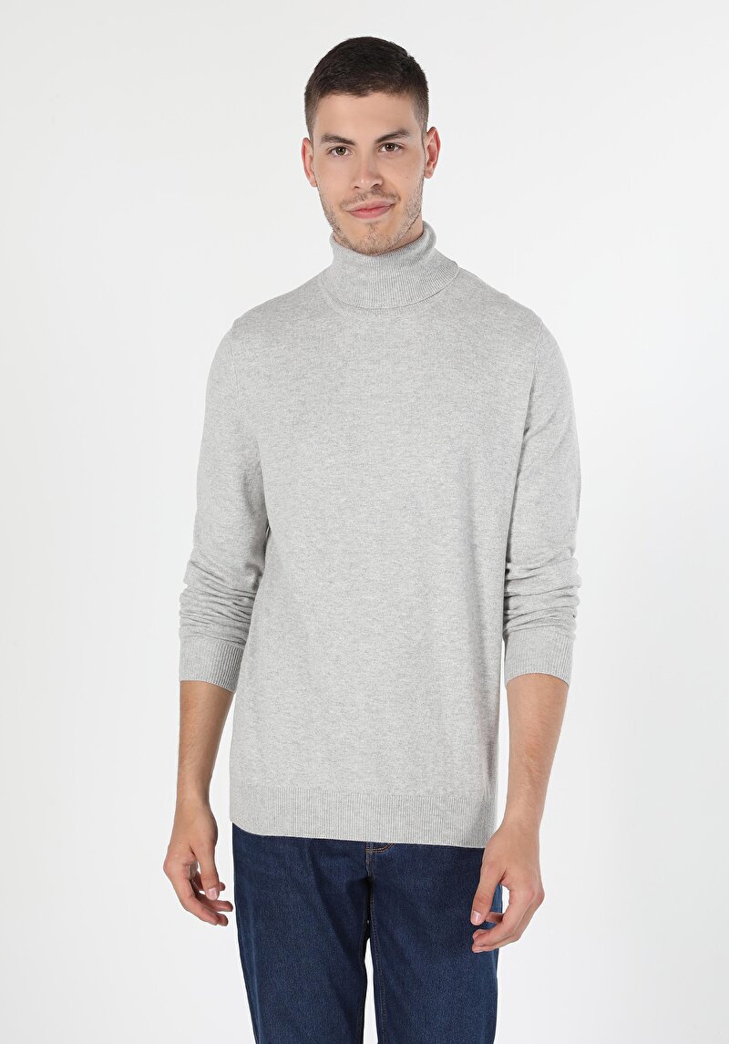 Slim Fit Balıkçı Yaka Jakarlı Erkek Taş Kazak