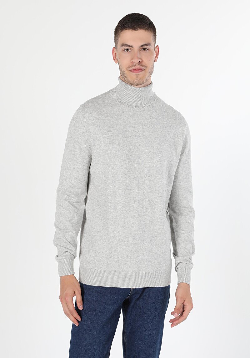 Slim Fit Balıkçı Yaka Jakarlı Erkek Taş Kazak