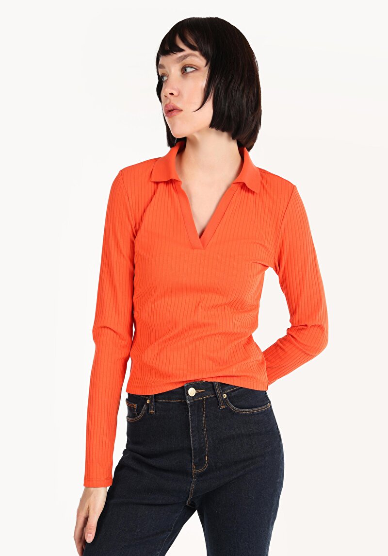 Slim Fit Polo Yaka Düz Kadın Turuncu Uzun Kol Tişört
