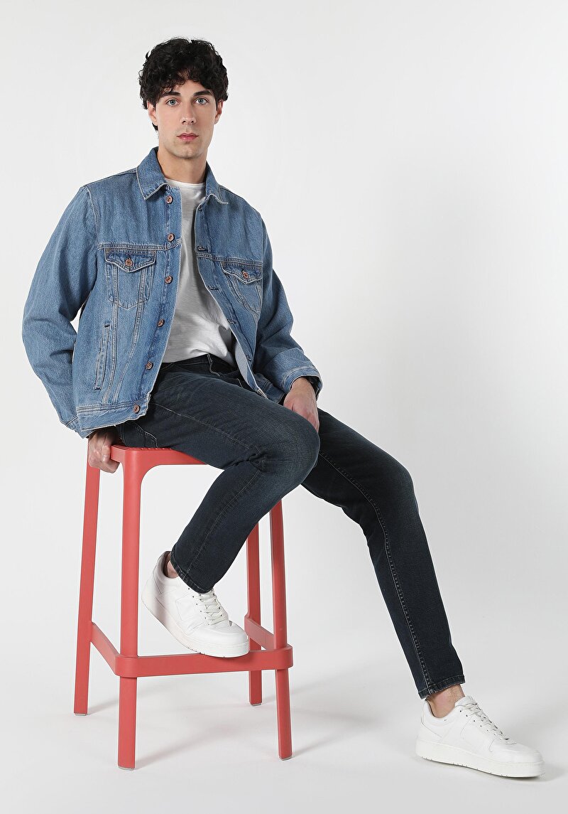 Oversize Fit Düğmeli Astarsız Erkek Mavi Ceket