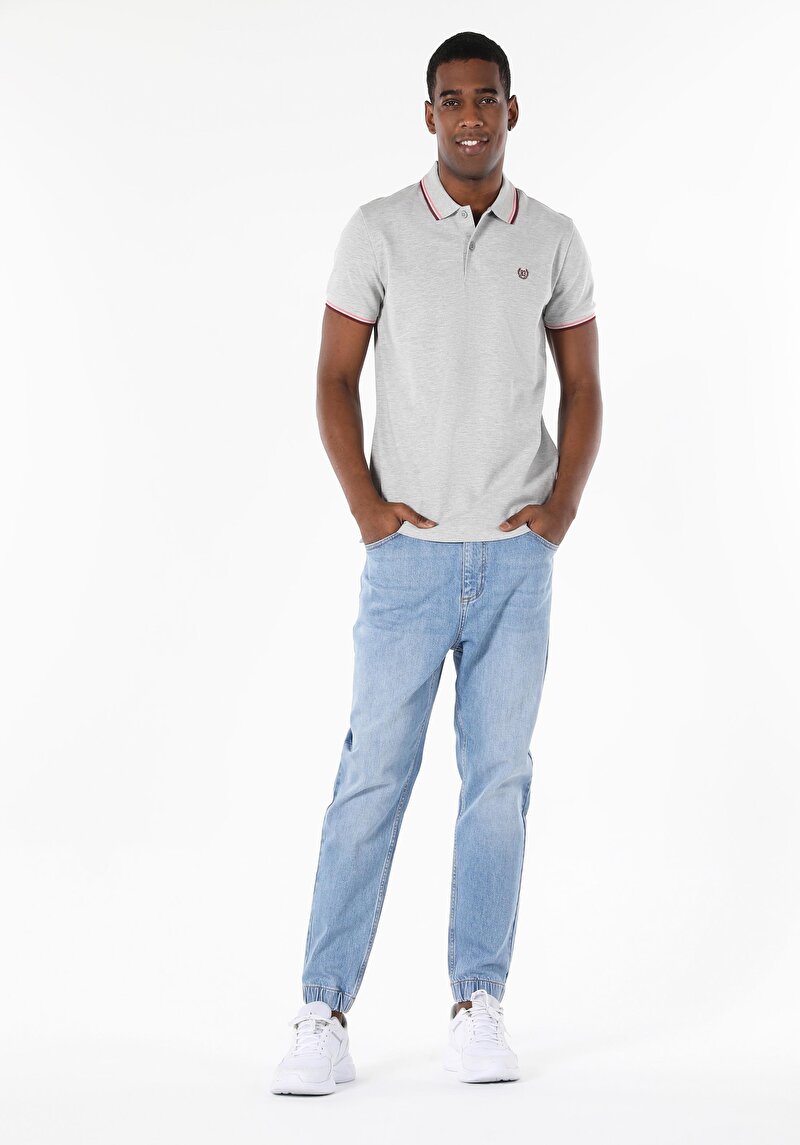 Classic Fit Polo Yaka Düz Erkek Gri Kısa Kol Tişört