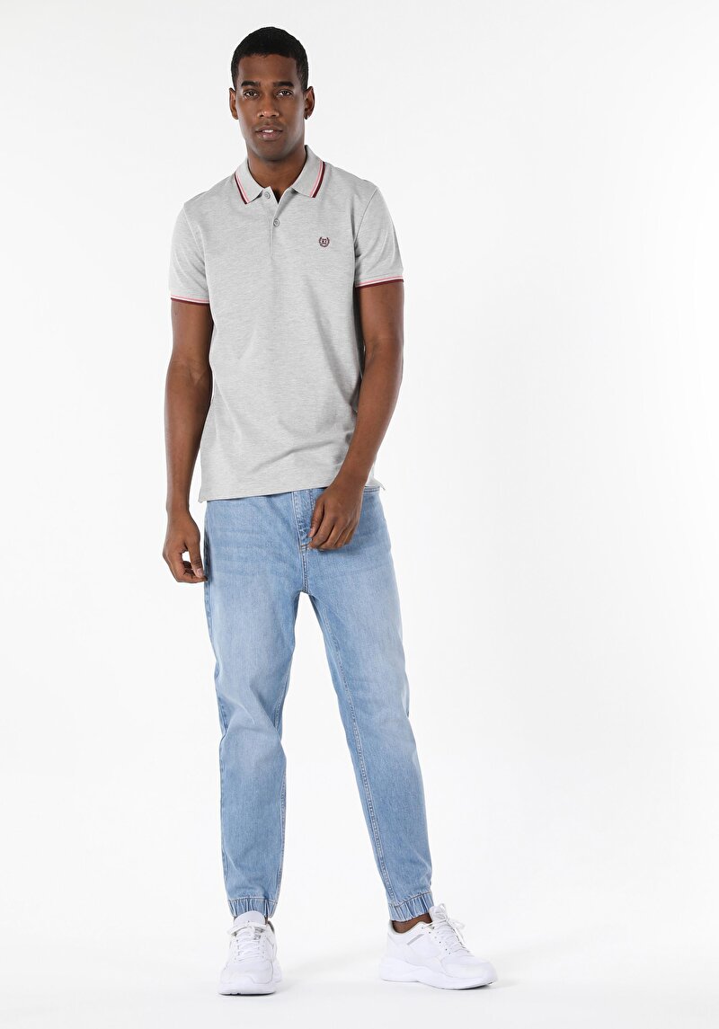 Classic Fit Polo Yaka Düz Erkek Gri Kısa Kol Tişört