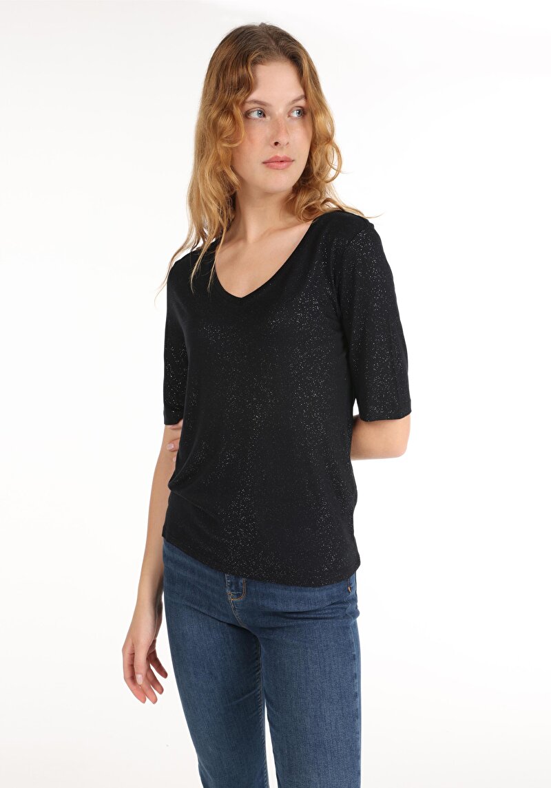 Slim Fit V Yaka Kadın Siyah Kısa Kol Tişört