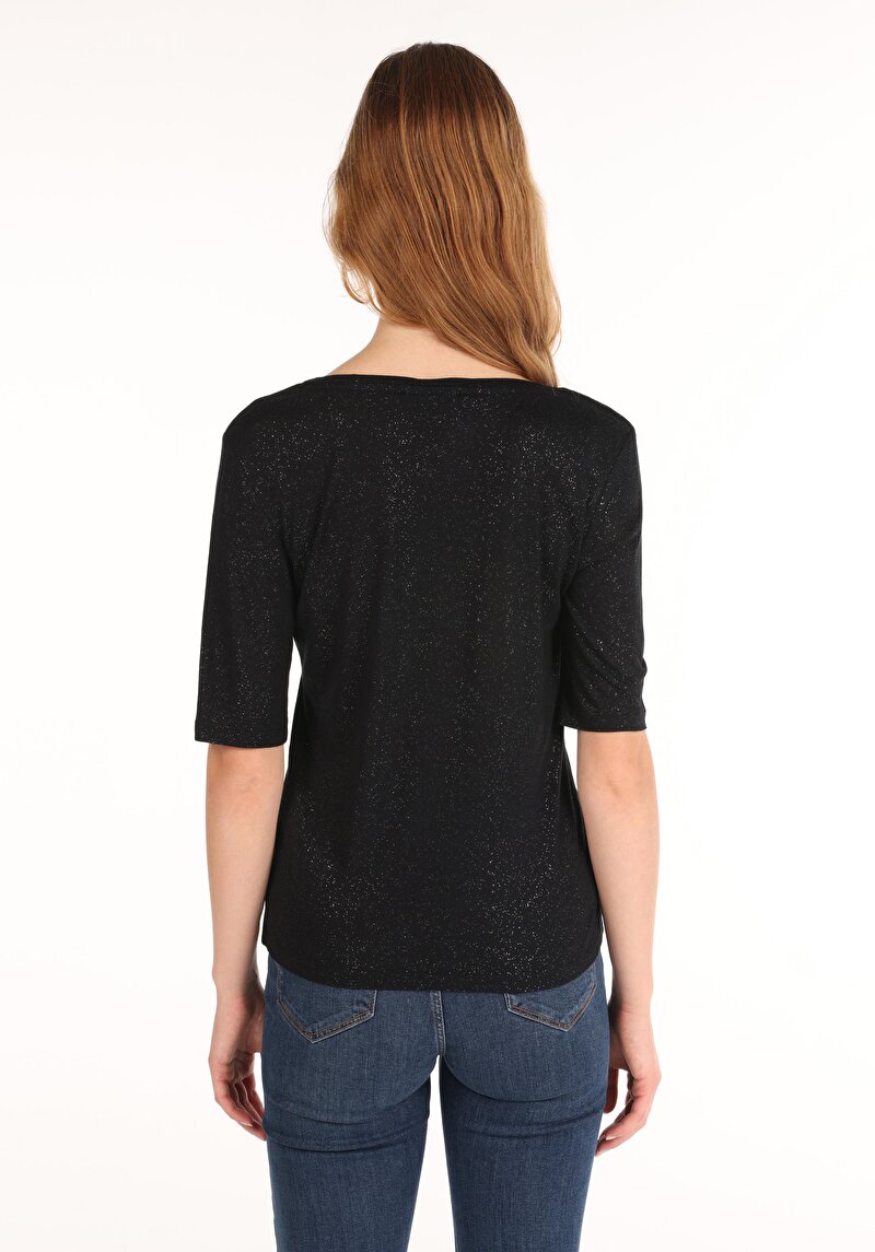 Slim Fit V Yaka Kadın Siyah Kısa Kol Tişört