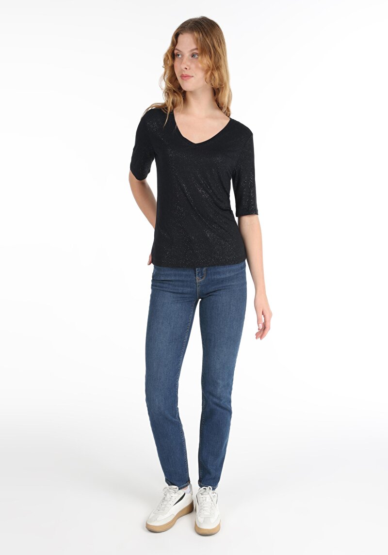 Slim Fit V Yaka Kadın Siyah Kısa Kol Tişört