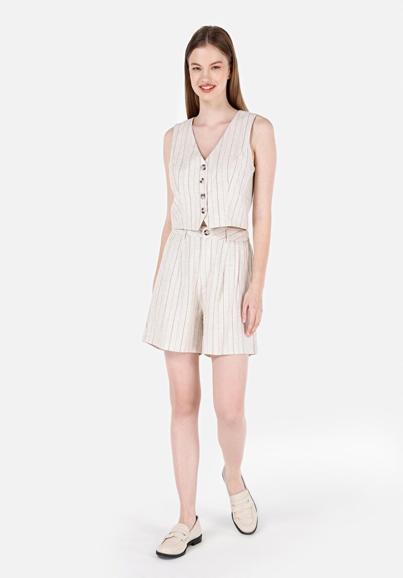 Regular Fit Düşük Bel Kadın Ekru Şort