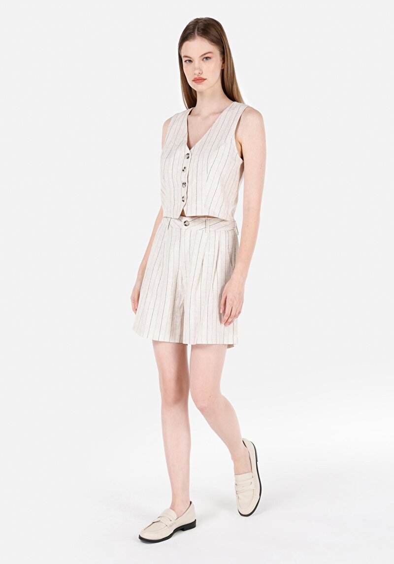 Regular Fit Düşük Bel Kadın Ekru Şort