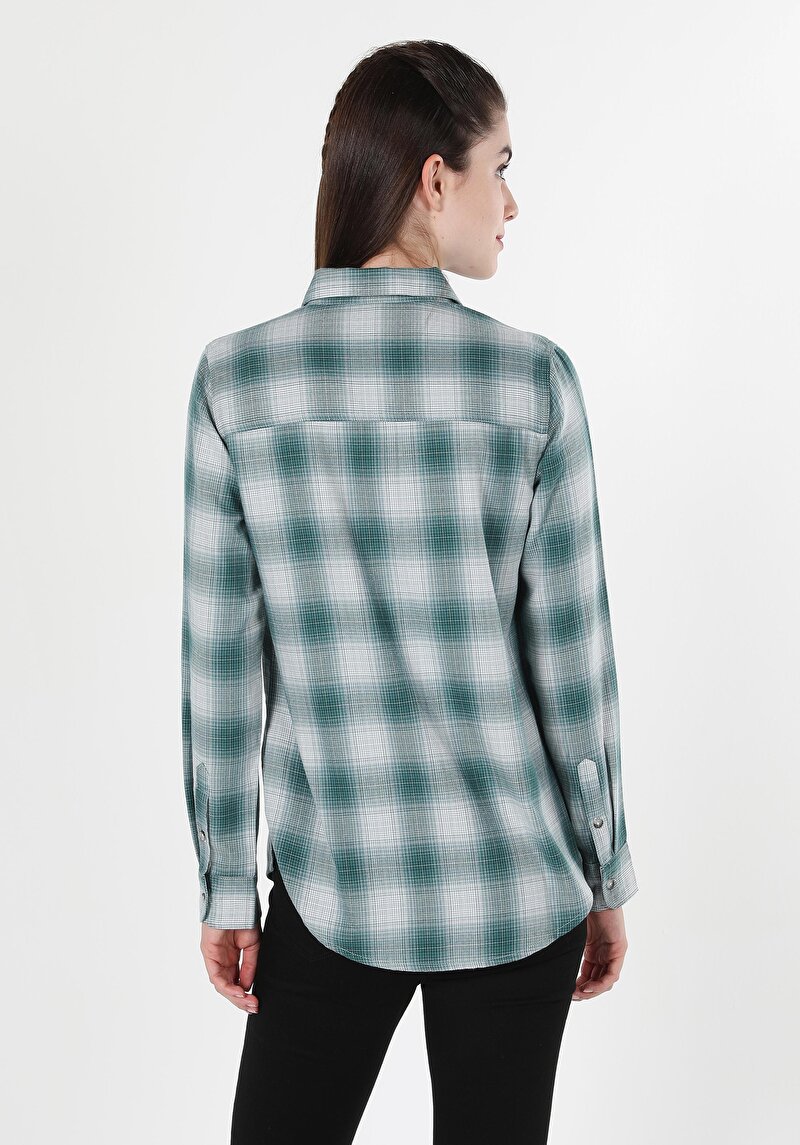 Regular Fit Shirt Neck Ekoseli Kadın Yeşil Uzun Kol Gömlek