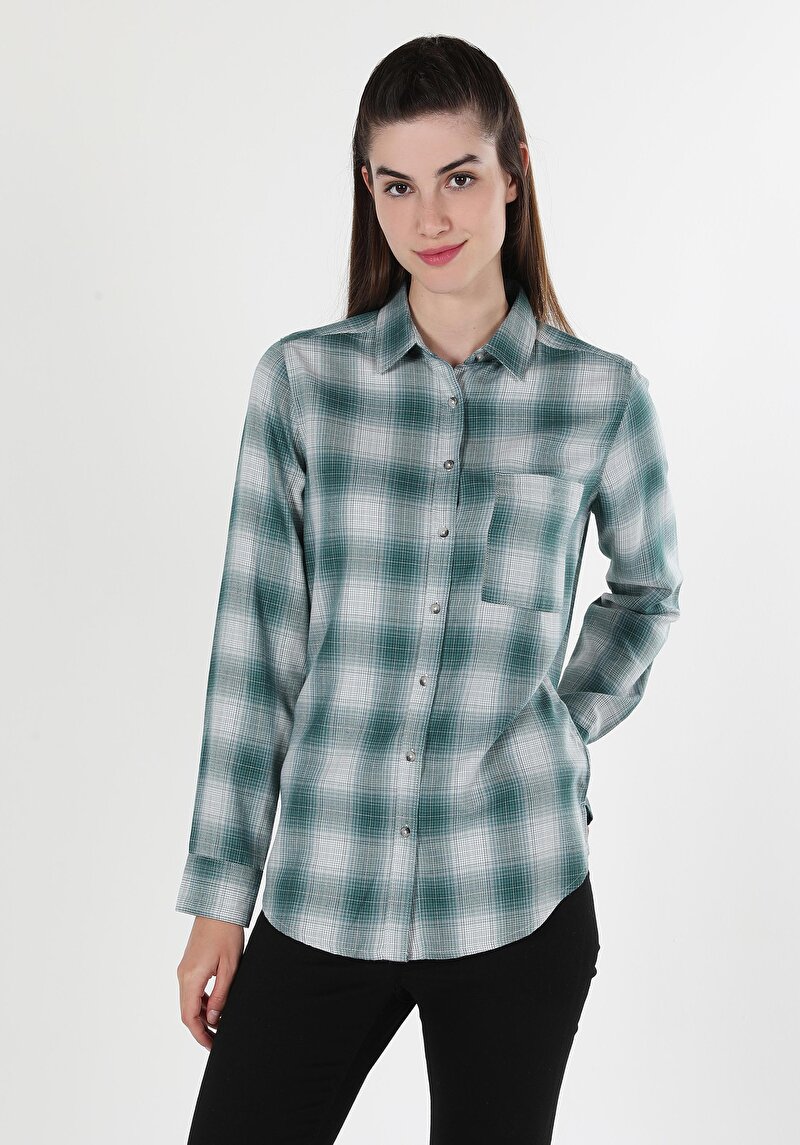 Regular Fit Shirt Neck Ekoseli Kadın Yeşil Uzun Kol Gömlek