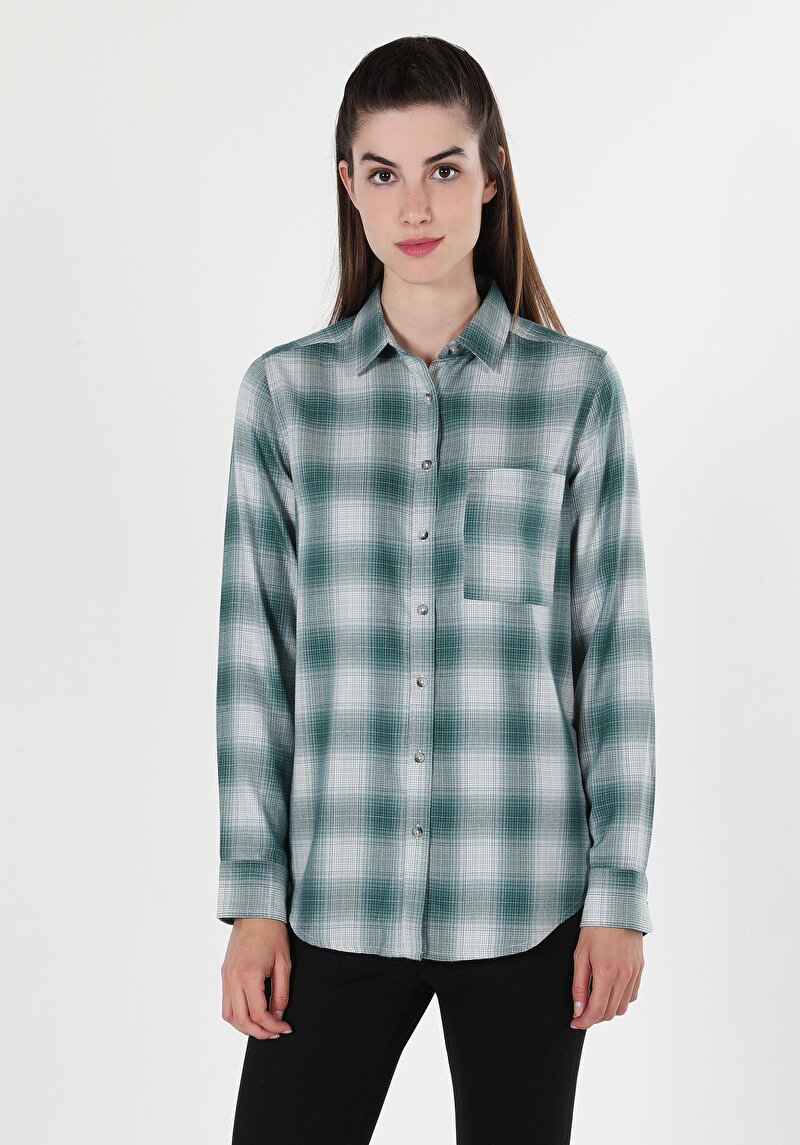 Regular Fit Shirt Neck Ekoseli Kadın Yeşil Uzun Kol Gömlek