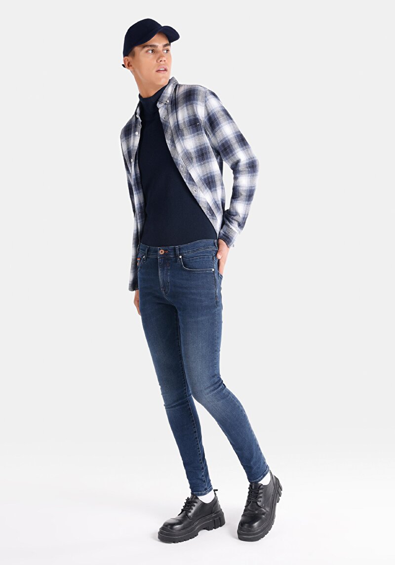 Skinny Fit Düşük Bel Dar Paça Erkek Koyu İndigo Jean Pantolon