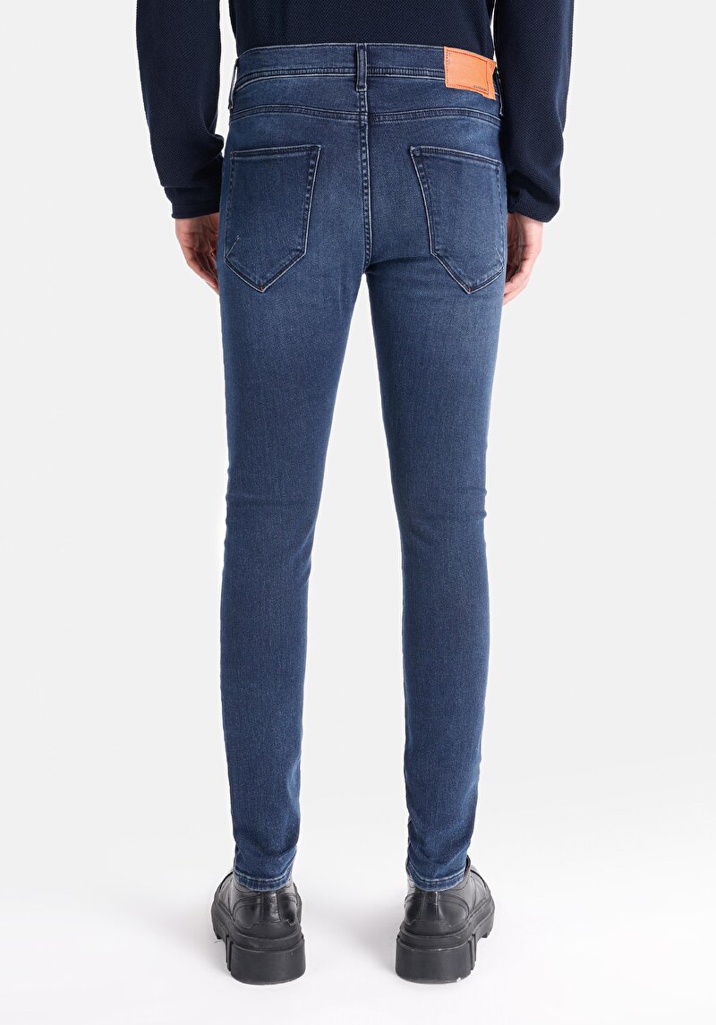 Skinny Fit Düşük Bel Dar Paça Erkek Koyu İndigo Jean Pantolon