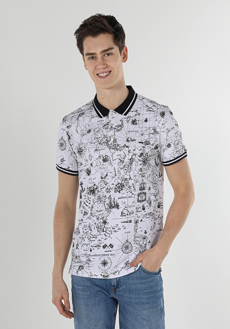 Regular Fit Polo Yaka Baskılı Erkek Beyaz Kısa Kol Tişört