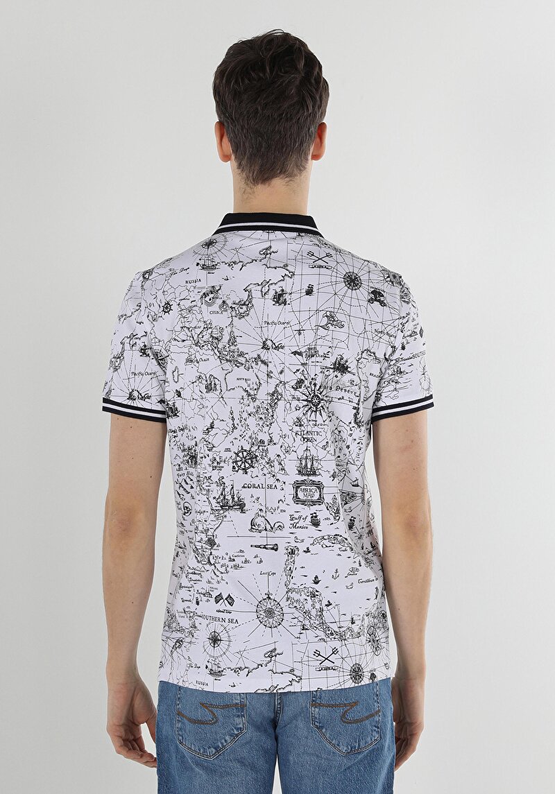 Regular Fit Polo Yaka Baskılı Erkek Beyaz Kısa Kol Tişört