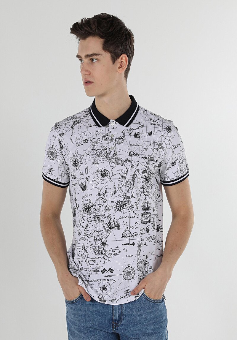 Regular Fit Polo Yaka Baskılı Erkek Beyaz Kısa Kol Tişört