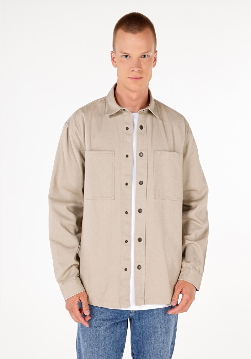 Comfort Fit Shirt Neck Düz Erkek Bej Uzun Kol Gömlek
