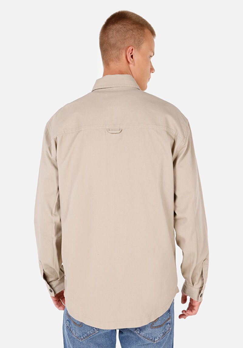 Comfort Fit Shirt Neck Düz Erkek Bej Uzun Kol Gömlek