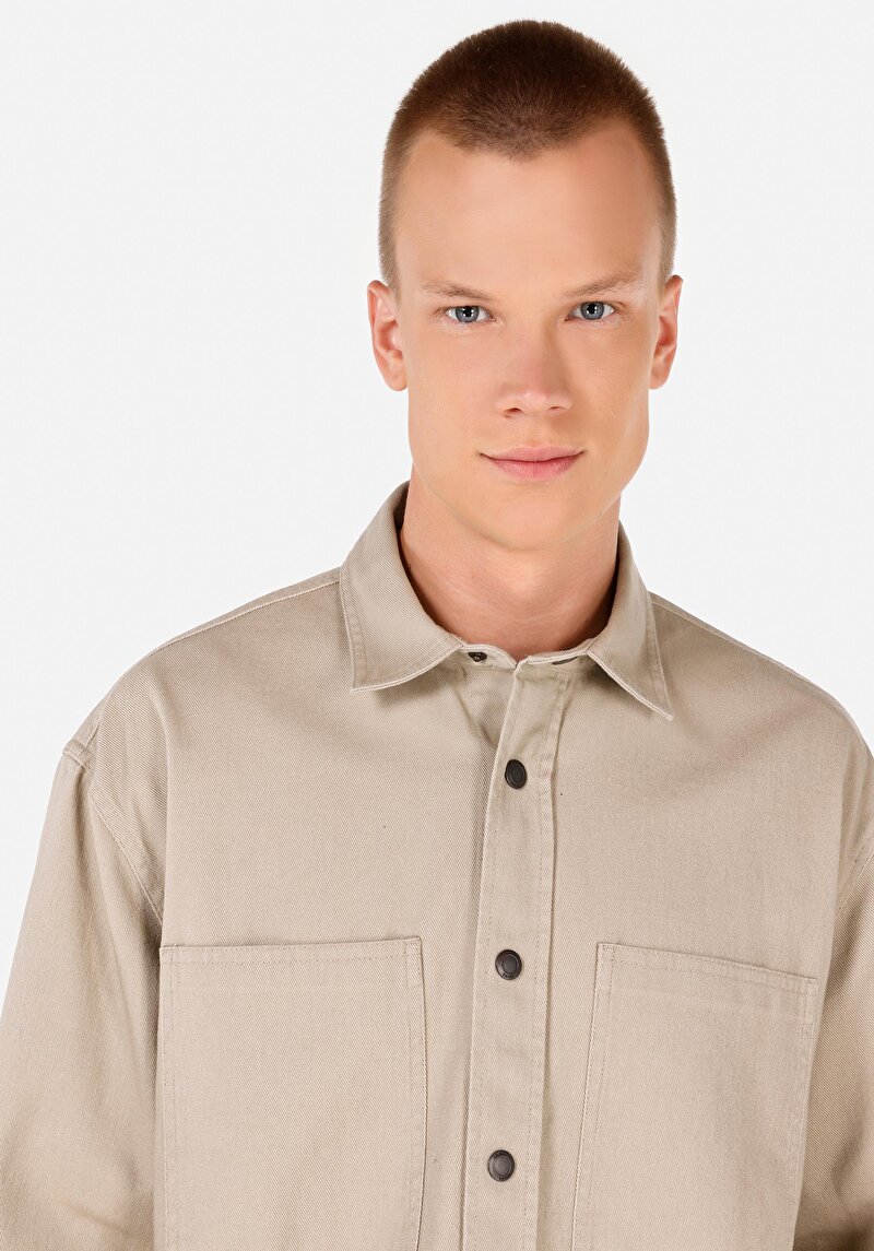 Comfort Fit Shirt Neck Düz Erkek Bej Uzun Kol Gömlek