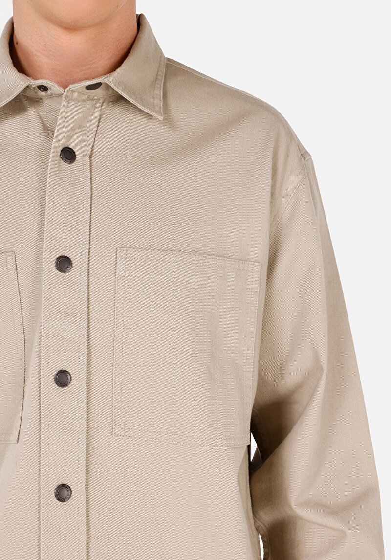 Comfort Fit Shirt Neck Düz Erkek Bej Uzun Kol Gömlek