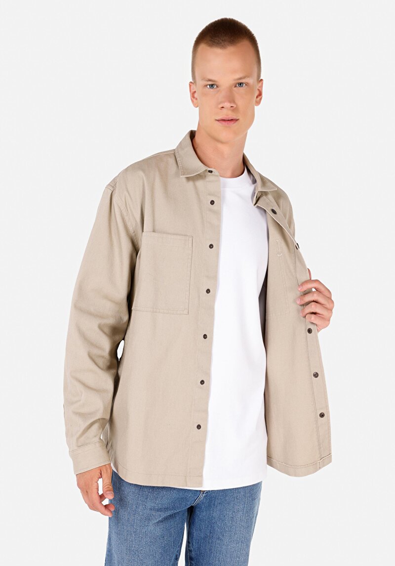 Comfort Fit Shirt Neck Düz Erkek Bej Uzun Kol Gömlek