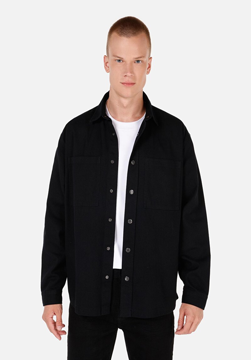 Comfort Fit Shirt Neck Düz Erkek Siyah Uzun Kol Gömlek