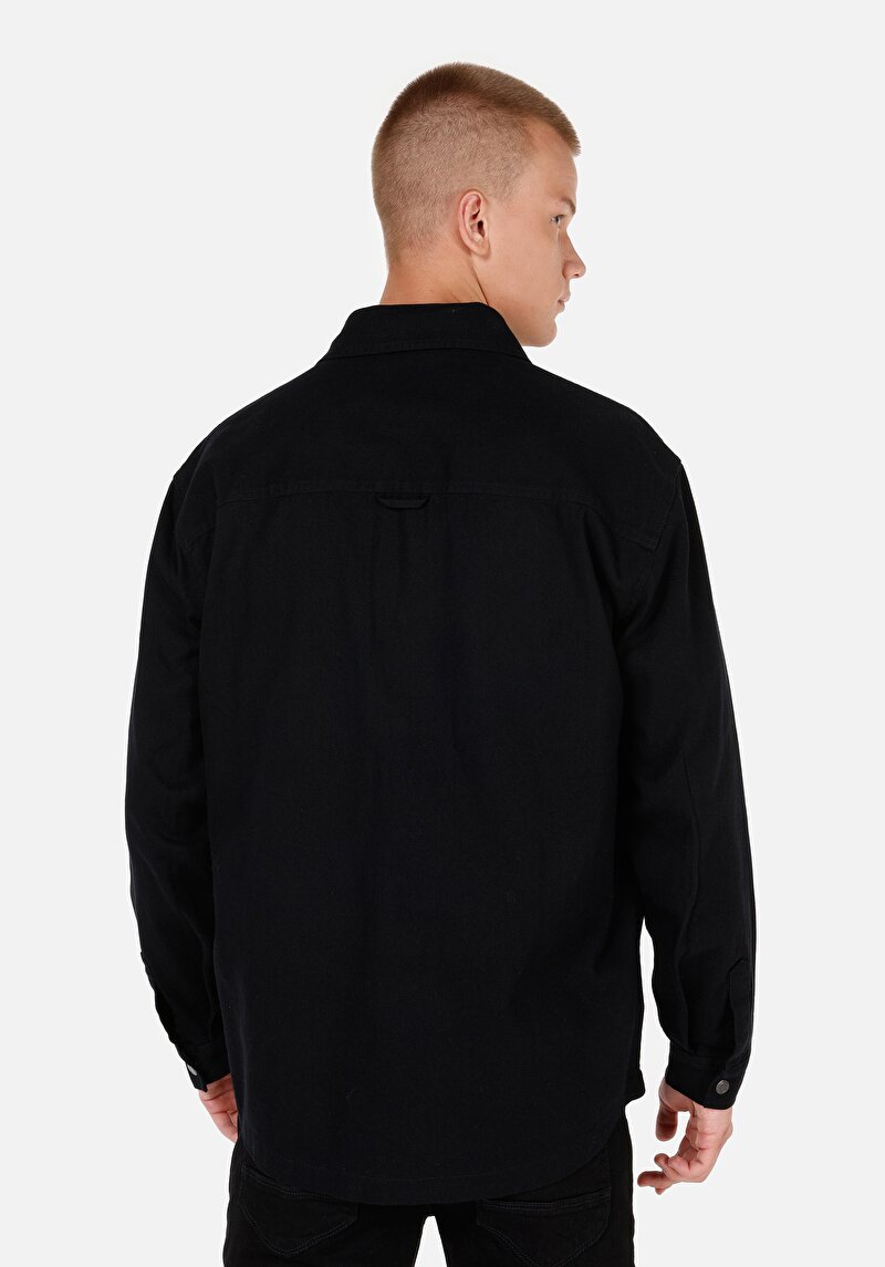 Comfort Fit Shirt Neck Düz Erkek Siyah Uzun Kol Gömlek