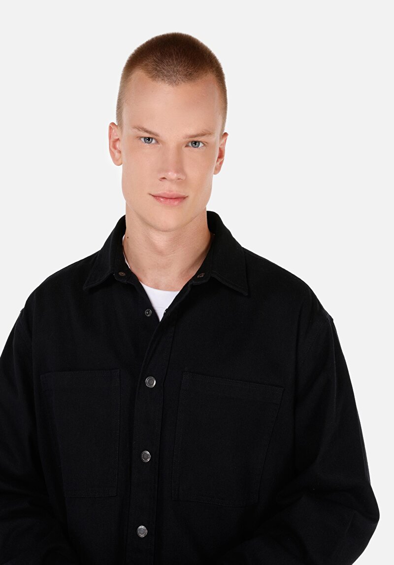 Comfort Fit Shirt Neck Düz Erkek Siyah Uzun Kol Gömlek