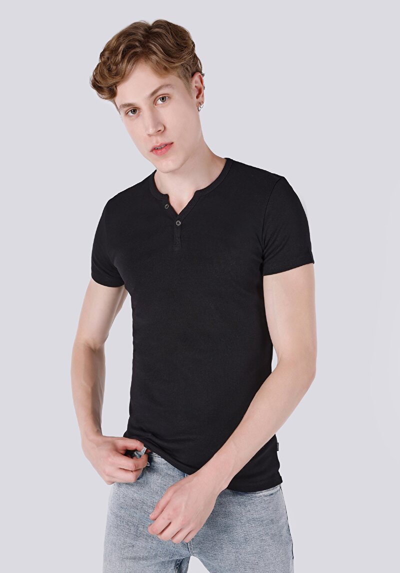Slim Fit Placket Neck Düz Erkek Siyah Kısa Kol Tişört