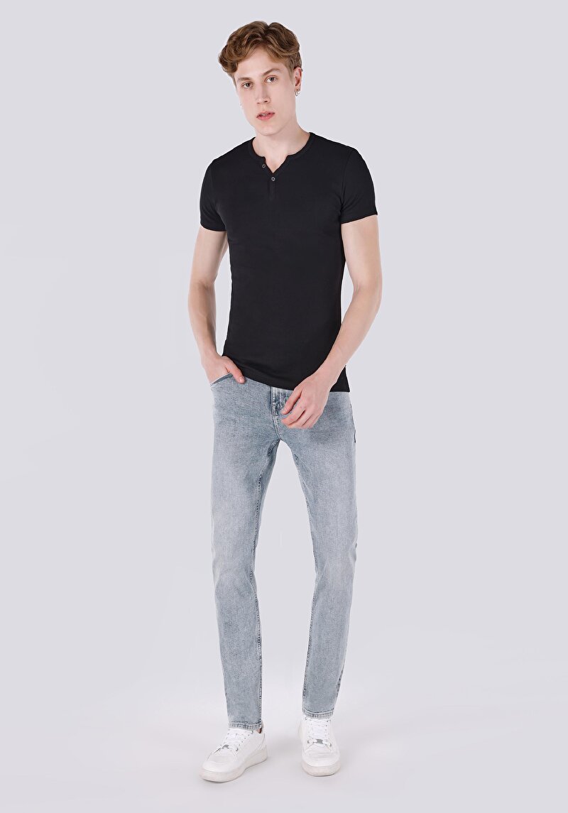 Slim Fit Placket Neck Düz Erkek Siyah Kısa Kol Tişört