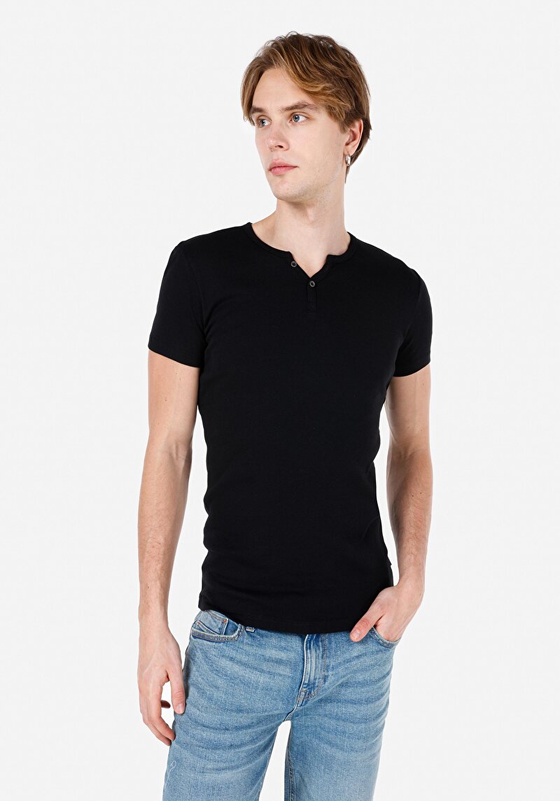 Slim Fit Placket Neck Düz Erkek Siyah Kısa Kol Tişört
