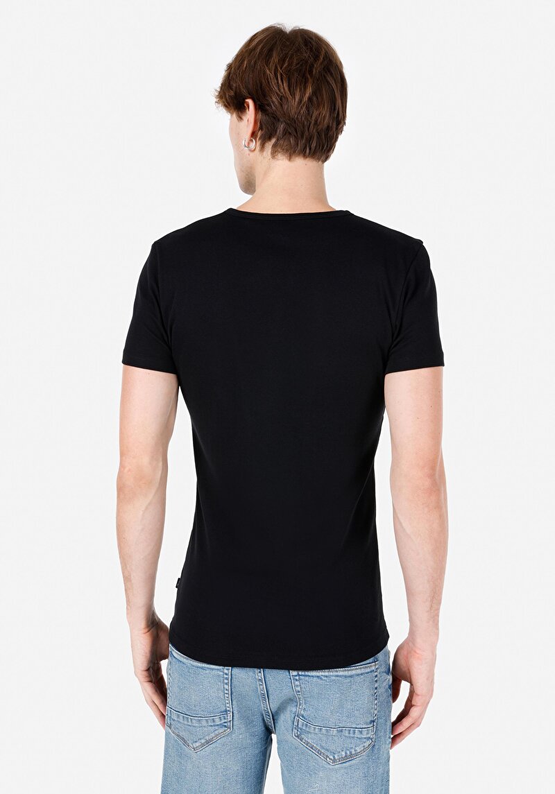 Slim Fit Placket Neck Düz Erkek Siyah Kısa Kol Tişört