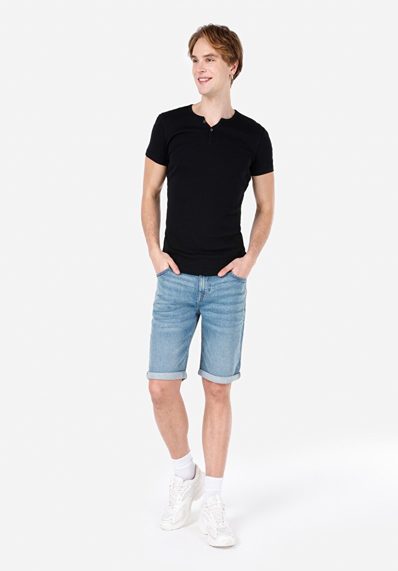 Slim Fit Placket Neck Düz Erkek Siyah Kısa Kol Tişört