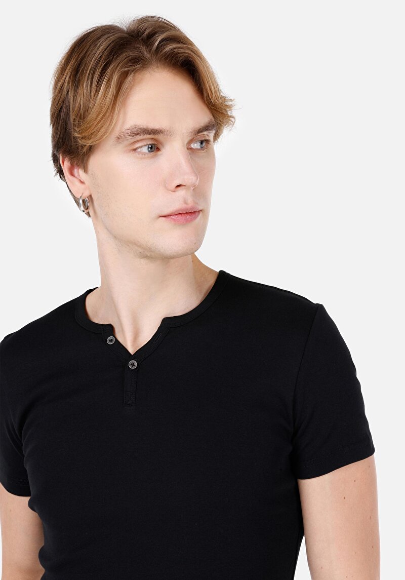Slim Fit Placket Neck Düz Erkek Siyah Kısa Kol Tişört
