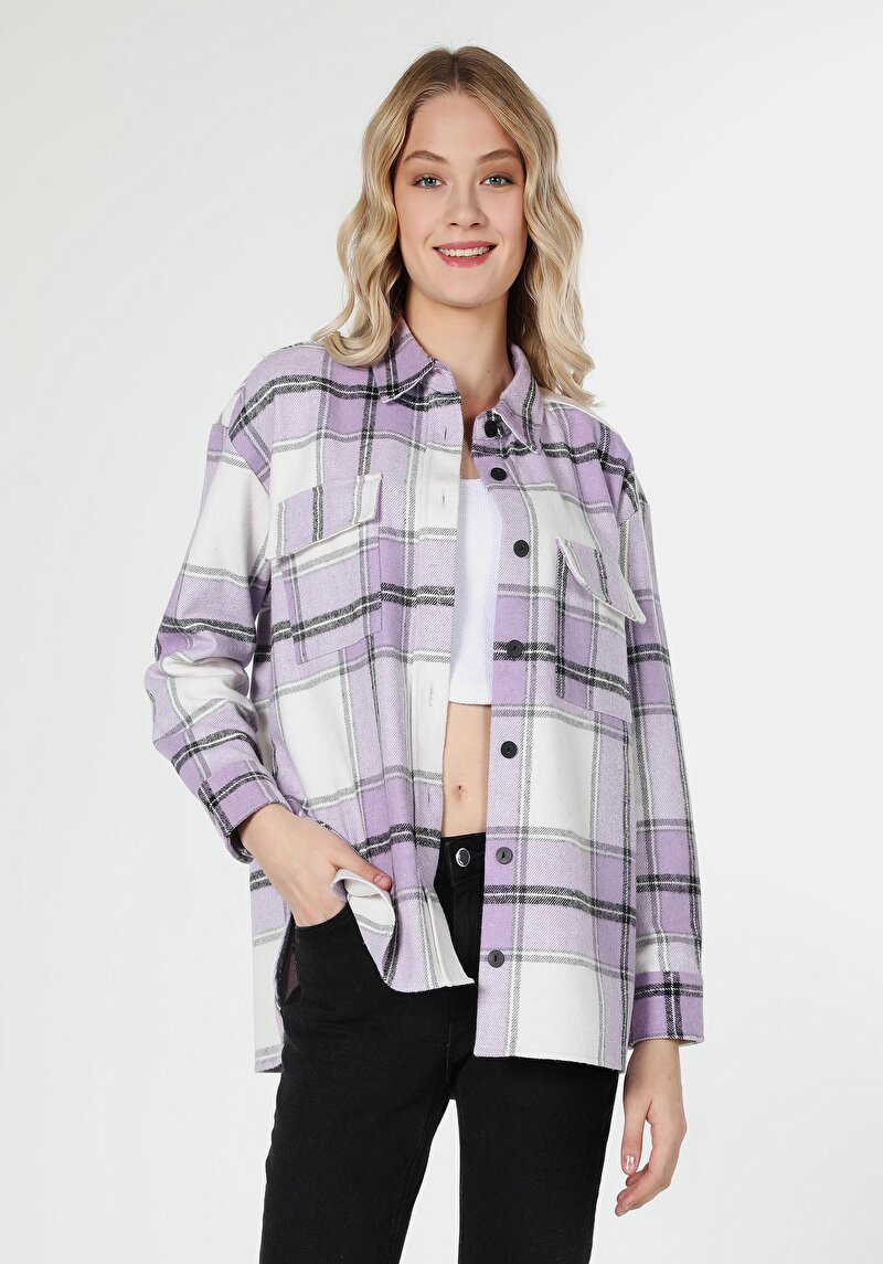 Regular Fit Shirt Neck Ekoseli Kadın Mor Uzun Kol Gömlek