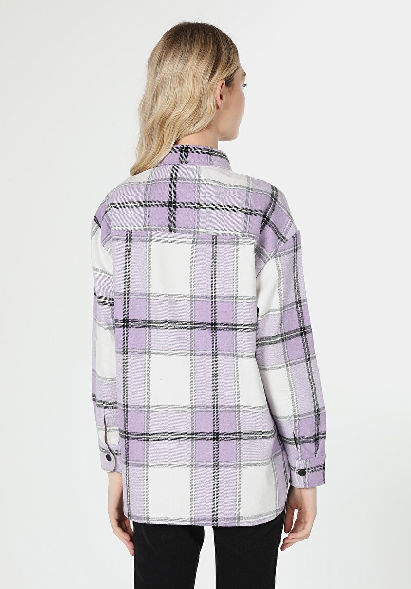 Regular Fit Shirt Neck Ekoseli Kadın Mor Uzun Kol Gömlek